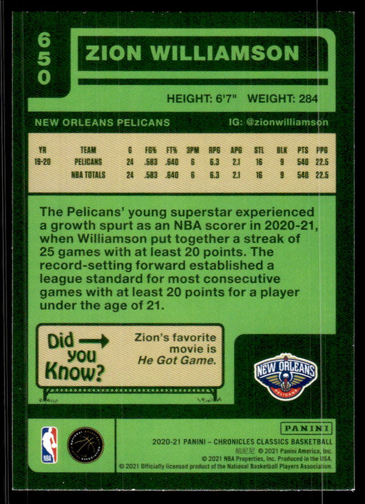 Zion Williamson 2020 Panini Chronicles Basketball Classics Back of Card