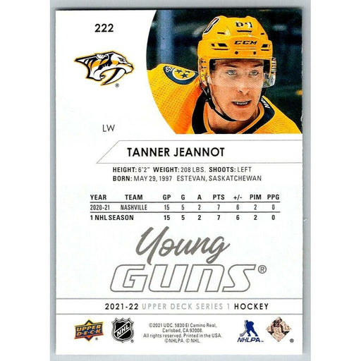 2021-22 Upper Deck Hockey Series 1 Young Guns #222 Tanner Jeannot RC Nashville - Collectible Craze America