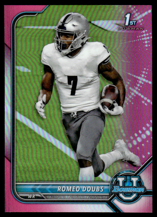 Romeo Doubs 2021 Bowman University Football Pink Refractor Front of Card