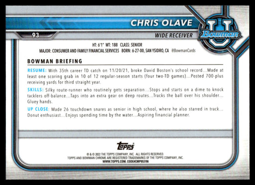 Chris Olave 2021 Bowman University Football Pink Refractor Back of Card