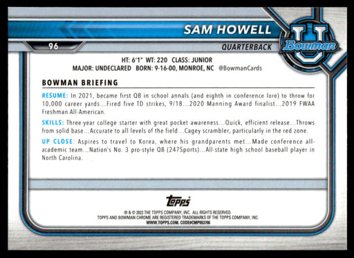 Sam Howell 2021 Bowman University Football Pink Refractor Back of Card
