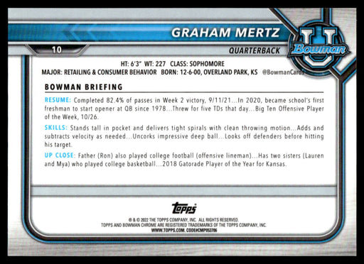 Graham Mertz 2021 Bowman University Football Refractor Back of Card