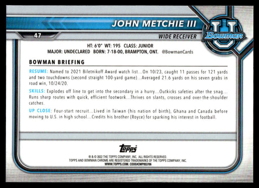 John Metchie III 2021 Bowman University Football Refractor Back of Card