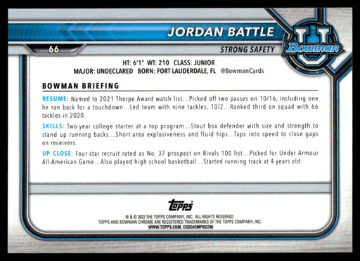 Jordan Battle 2021 Bowman University Football Refractor Back of Card