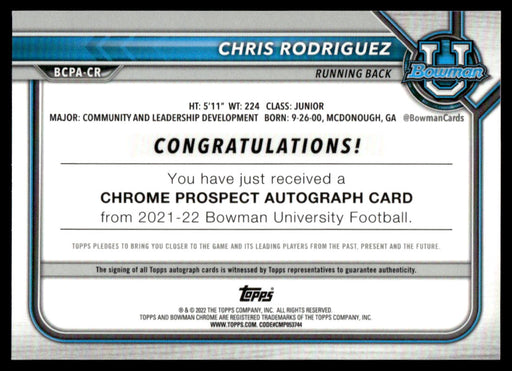 Chris Rodriguez 2021 Bowman University Football Back of Card