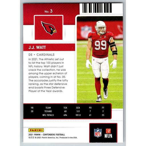 2021 Panini Contenders NFL J.J. Watt Arizona Cardinals #3 - Collectible Craze America