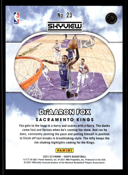 De'Aaron Fox 2021 Panini NBA Hoops Skyview Back of Card
