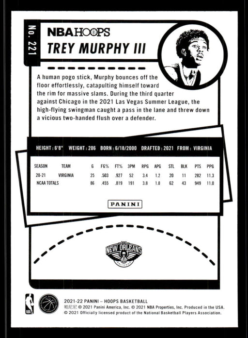 Trey Murphy III 2021 Panini NBA Hoops Purple Back of Card