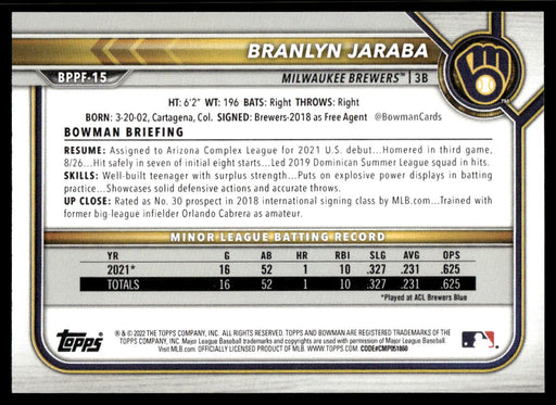 Branlyn Jaraba 2022 Bowman First Edition Base Back of Card