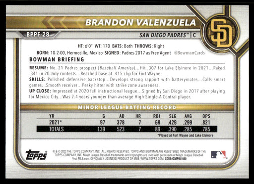 Brandon Valenzuela 2022 Bowman First Edition Base Back of Card