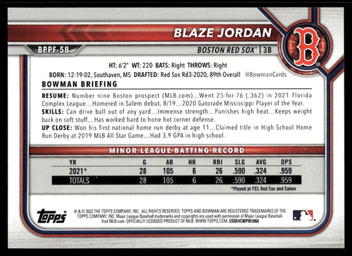 Blaze Jordan 2022 Bowman First Edition Base Back of Card