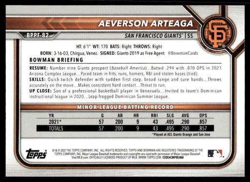 Aeverson Arteaga 2022 Bowman First Edition Base Back of Card