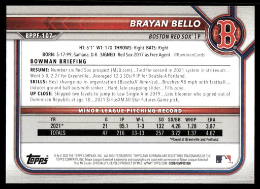 Brayan Bello 2022 Bowman First Edition Base Back of Card
