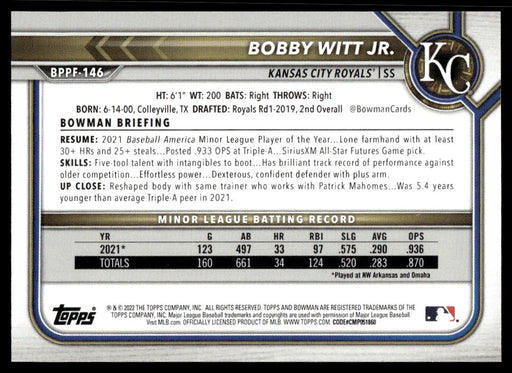 Bobby Witt Jr. 2022 Bowman First Edition Base Back of Card