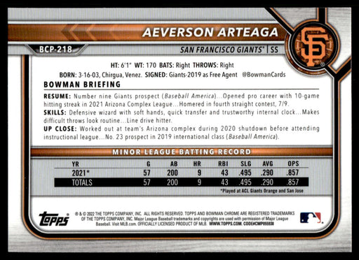 Aeverson Arteaga 2022 Bowman Chrome Prospects Mega Box Back of Card