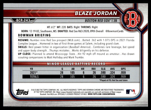 Blaze Jordan 2022 Bowman Chrome Prospects Mega Box Back of Card