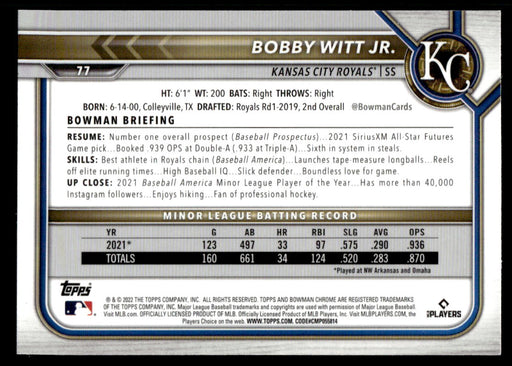 Bobby Witt Jr. 2022 Bowman Chrome Base Back of Card
