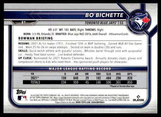 Bo Bichette 2022 Bowman Chrome Base Back of Card