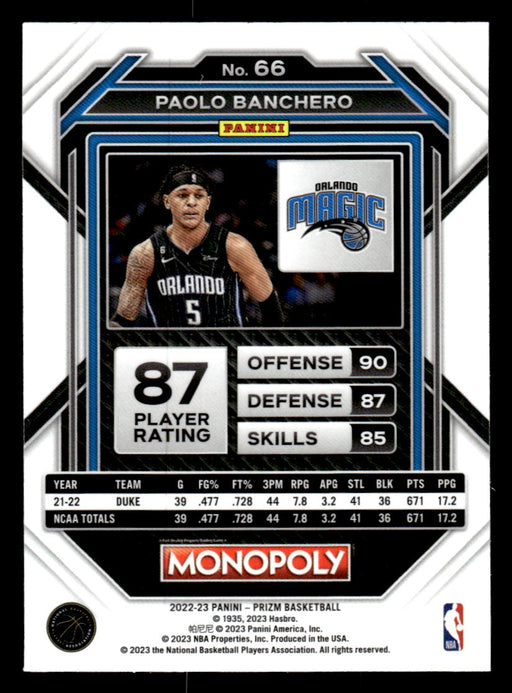 Paolo Banchero 2022-23 Panini Prizm NBA Monopoly Base Back of Card