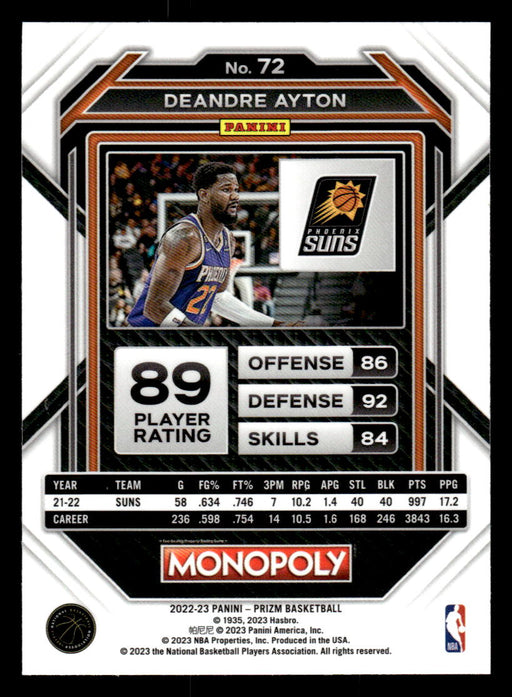Deandre Ayton 2022-23 Panini Prizm NBA Monopoly Base Back of Card