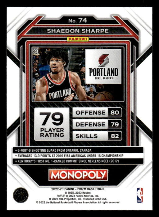 Shaedon Sharpe 2022-23 Panini Prizm NBA Monopoly Base Back of Card