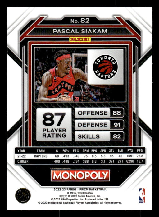 Pascal Siakam 2022-23 Panini Prizm NBA Monopoly Base Back of Card