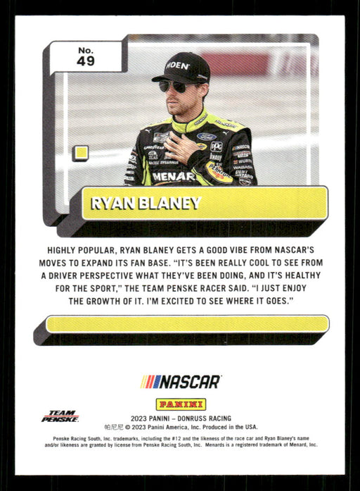 Ryan Blaney 2023 Panini Donruss Racing Drivers Base Back of Card