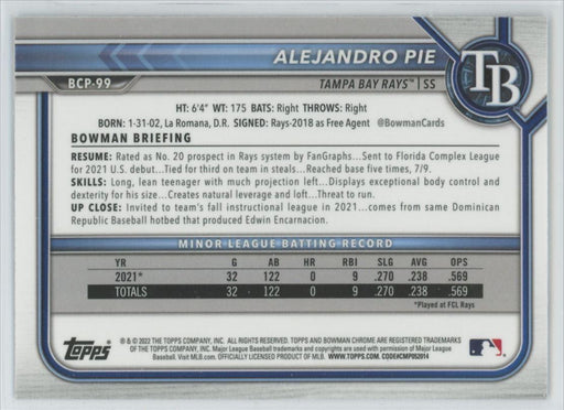 Alejandro Pie 2022 Bowman Chrome Prospects # BCP-99 Mojo Refrctor Tampa Bay Rays - Collectible Craze America