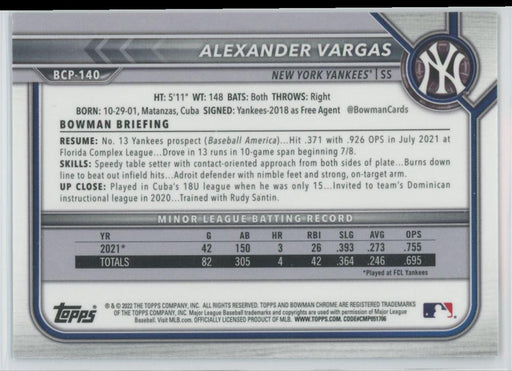 Alexander Vargas 2022 Bowman Chrome Prospects # BCP-140 New York Yankees - Collectible Craze America