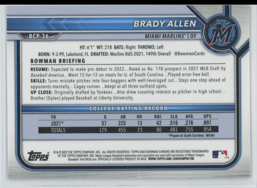 Brady Allen 2022 Bowman Chrome Prospects # BCP-36 Miami Marlins - Collectible Craze America