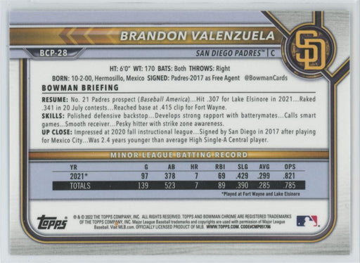 Brandon Valenzuela 2022 Bowman Chrome Prospects # BCP-28 1st Bowman San Diego Padres - Collectible Craze America