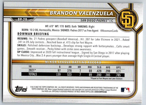 Brandon Valenzuela 2022 Bowman Prospects # BP-28 1st Bowman San Diego Padres - Collectible Craze America