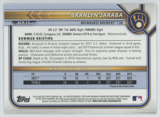 Branlyn Jaraba 2022 Bowman Chrome Prospects # BCP-15 1st Bowman Milwaukee Brewers - Collectible Craze America