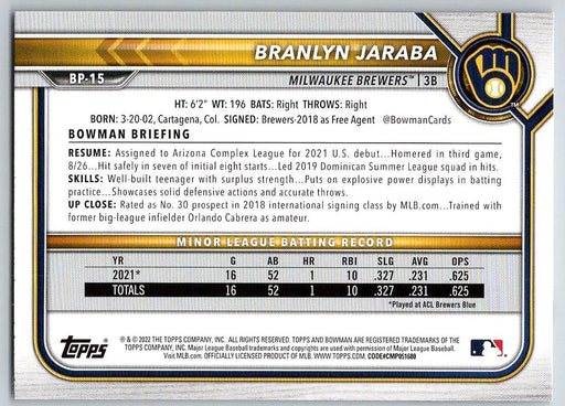 Branlyn Jaraba 2022 Bowman Prospects # BP-15 1st Bowman Milwaukee Brewers - Collectible Craze America