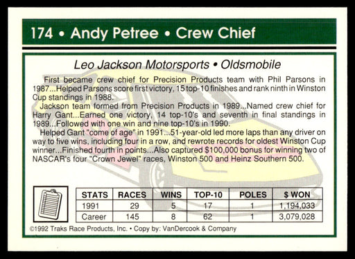 Andy Petree 1992 Traks Base Back of Card
