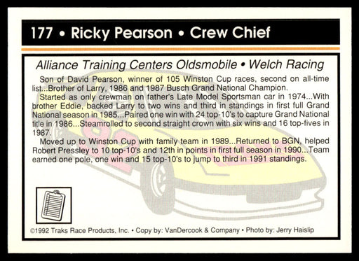 Ricky Pearson 1992 Traks Base Back of Card