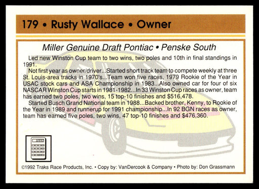 Rusty Wallace 1992 Traks Base Back of Card