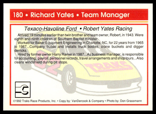 Richard Yates 1992 Traks Base Back of Card