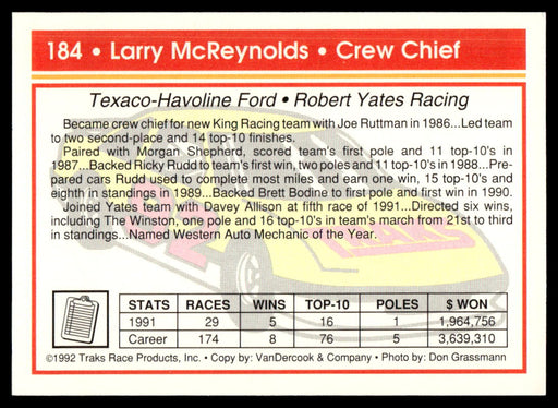 Larry McReynolds 1992 Traks Base Back of Card