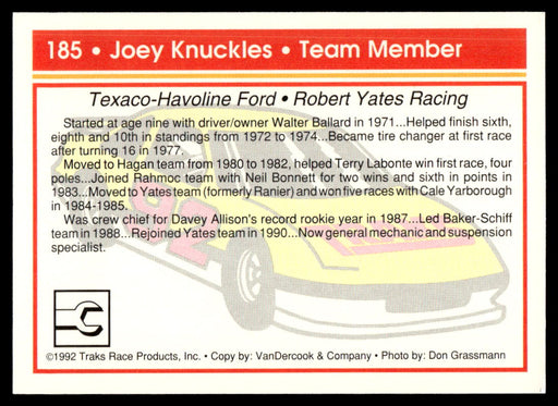 Joey Knuckles 1992 Traks Base Back of Card