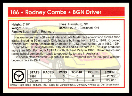 Rodney Combs 1992 Traks Base Back of Card