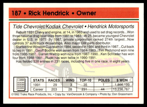 Rick Hendrick 1992 Traks Base Back of Card