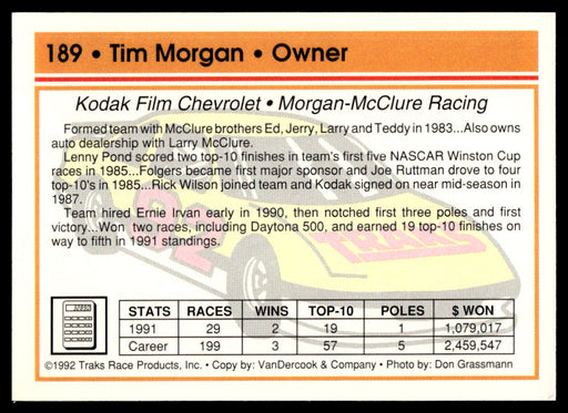 Tim Morgan 1992 Traks Base Back of Card