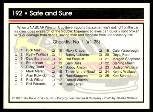 Safe and Sure 1992 Traks Base Back of Card
