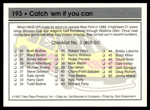 Dale Earnhardt 1992 Traks Base Back of Card