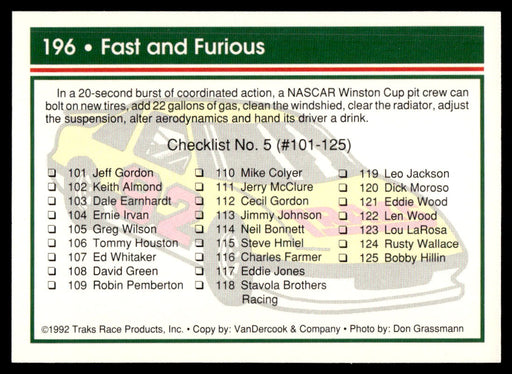 Fast and Furious 1992 Traks Base Back of Card