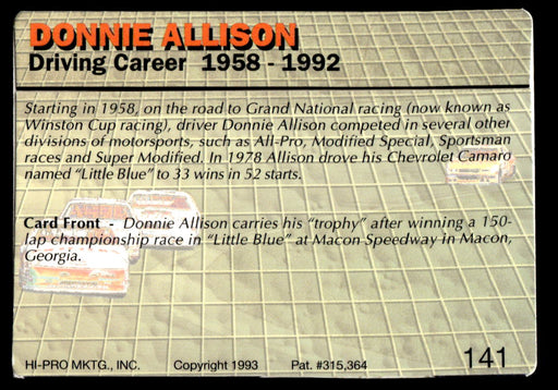 Donnie Allison 1993 Action Packed Base Back of Card