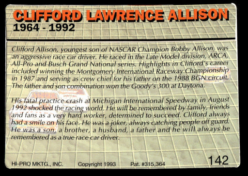 Clifford Allison 1993 Action Packed Base Back of Card