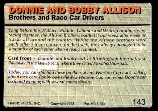 Donnie and Bobby Allison 1993 Action Packed Base Back of Card