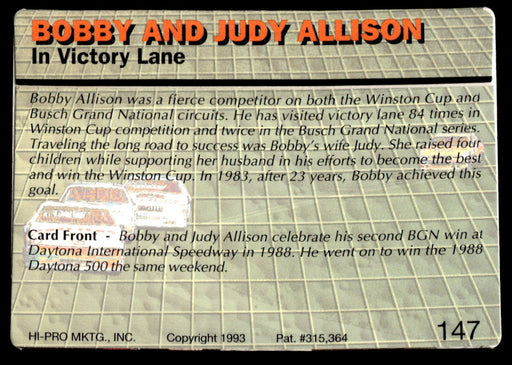 Bobby and Judy Allison 1993 Action Packed Base Back of Card